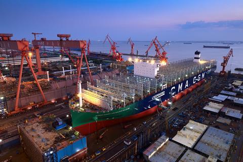 The 23,000 TEU Jacques Saade (pictured during construction) "will be considered a landmark project in the use of LNG" in years to come.
